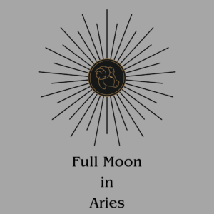 A graphic on a silver background. Gold line art of a ram's head in the center of the graphic is surrounded by black rays. Below this, is the text, in black: "Full Moon in Aries."