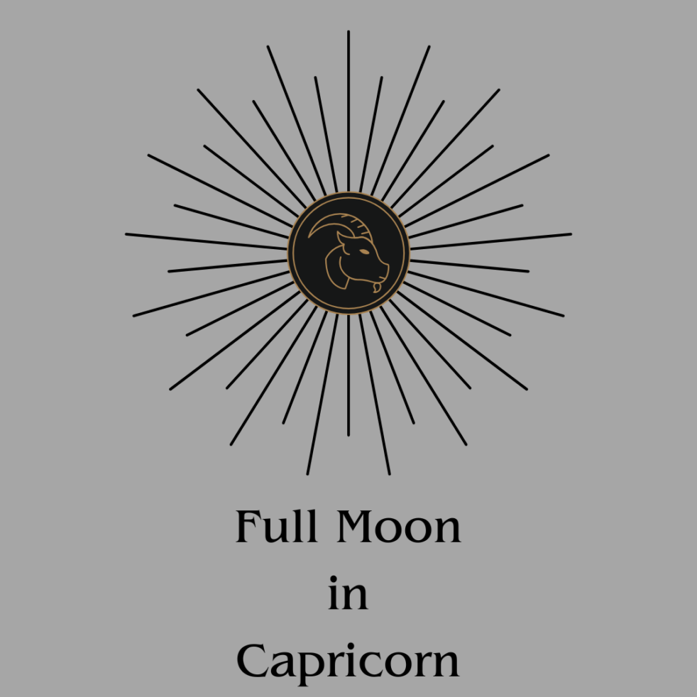 A graphic on a silver background. Gold line art of a goat in the center of the graphic is surrounded by black rays. Below this, is the text, in black: "Full Moon in Capricorn."