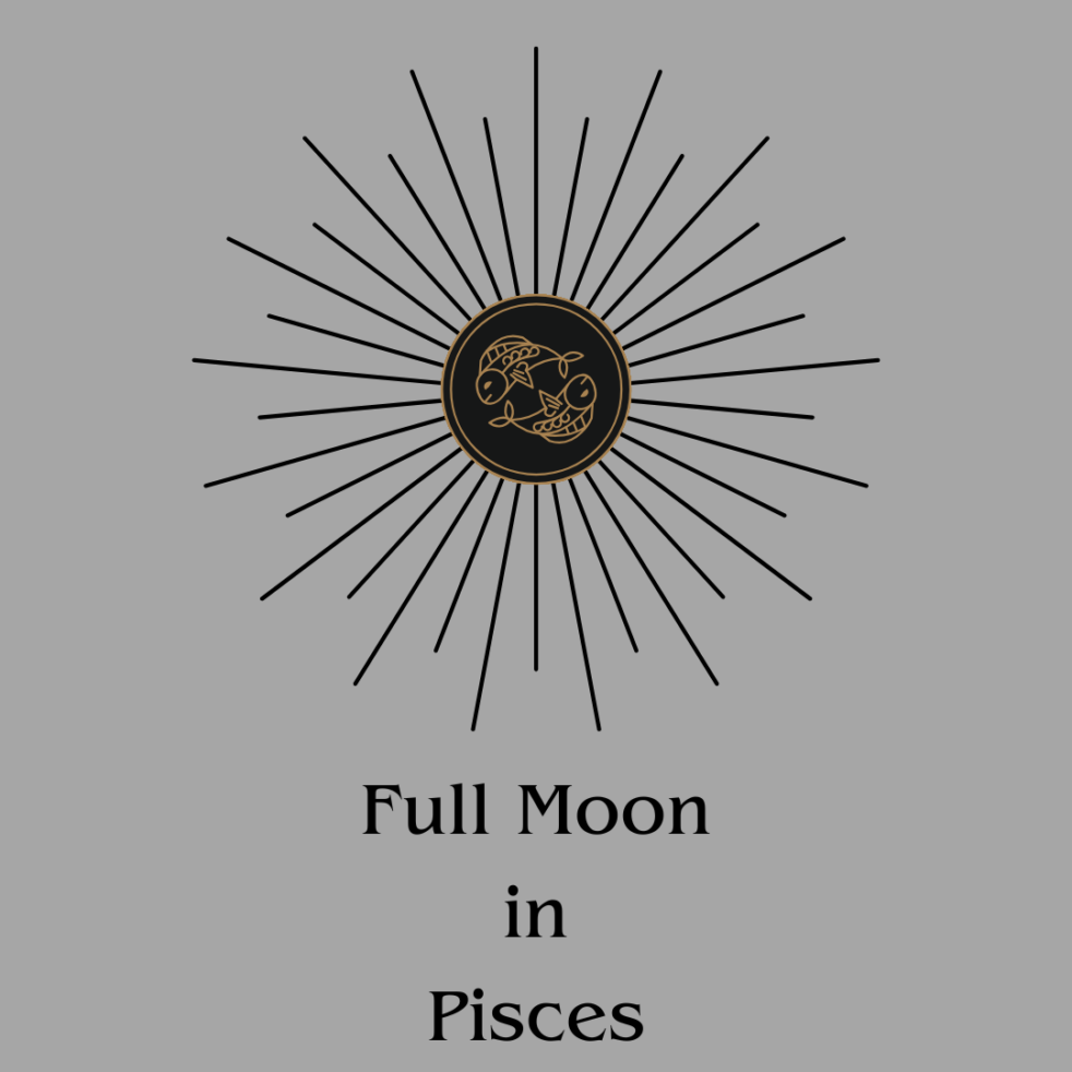 A graphic on a silver background. Gold line art of two fish in the center of the graphic is surrounded by black rays. Below this, is the text, in black: "Full Moon in Pisces."