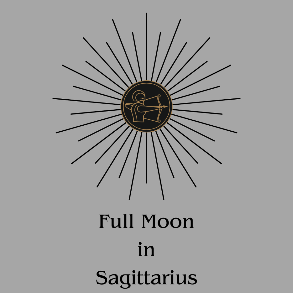 A graphic on a silver background. Gold line art of an archer with a bow drawn in the center of the graphic is surrounded by black rays. Below this, is the text, in black: "Full Moon in Sagittarius."