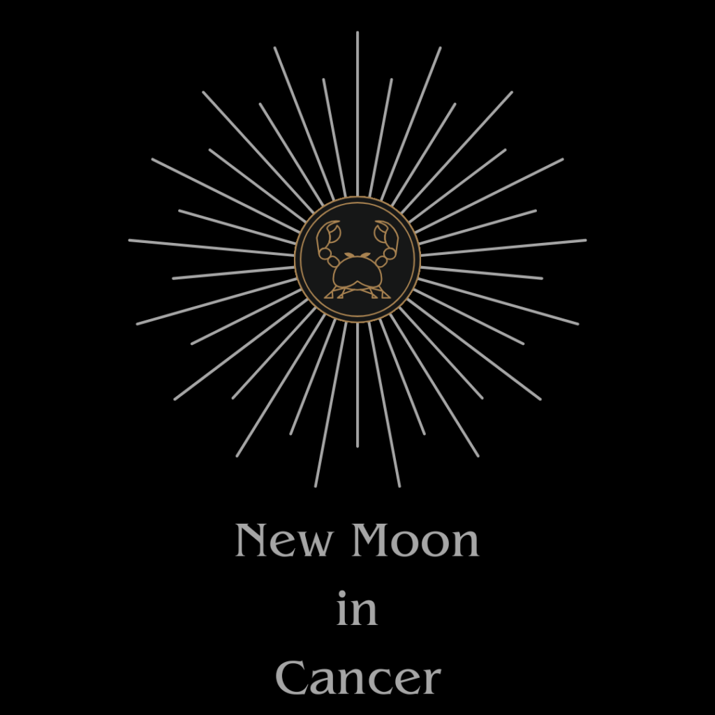 A graphic on a black background. Gold line art of a crab in the center of the graphic is surrounded by silver rays. Below this, is the text, in silver: "New Moon in Cancer"