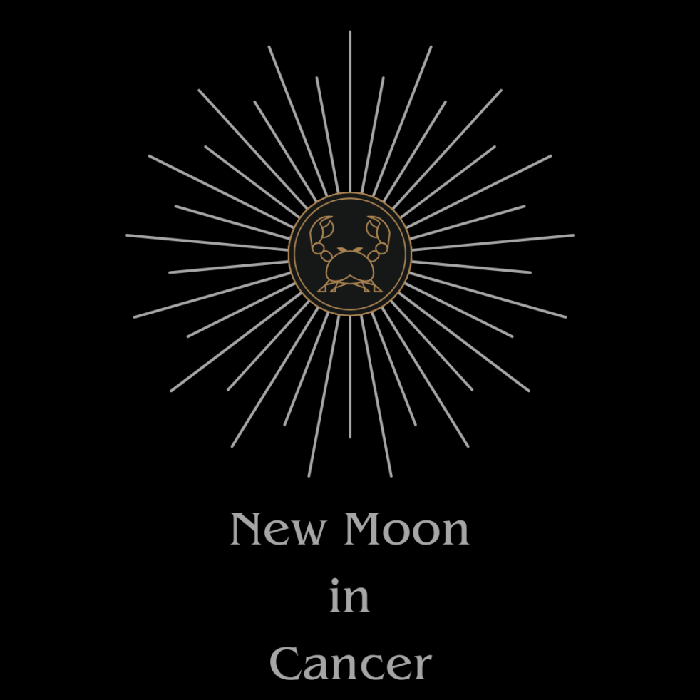 A graphic on a black background. Gold line art of a crab in the center of the graphic is surrounded by silver rays. Below this, is the text, in silver: "New Moon in Cancer"