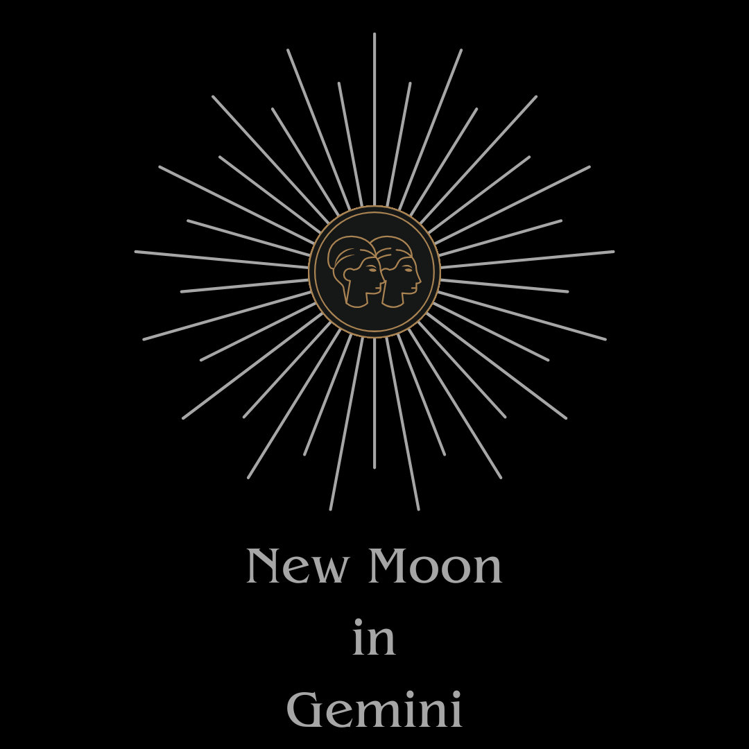 A graphic on a black background. Gold line art of two people's heads in profile in the center of the graphic is surrounded by silver rays. Below this, is the text, in silver: "New Moon in Gemini"