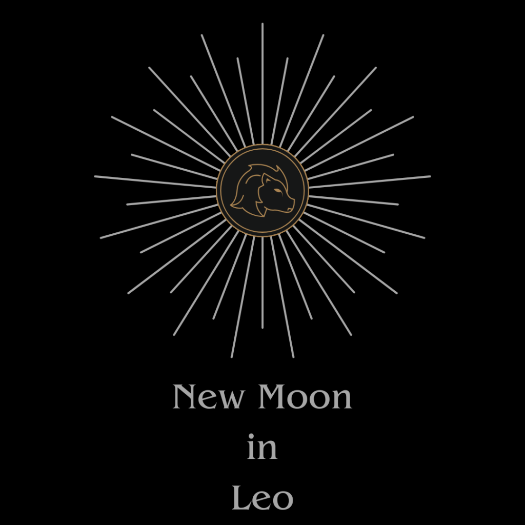 A graphic on a black background. Gold line art of a lion's head in profile in the center of the graphic is surrounded by silver rays. Below this, is the text, in silver: "New Moon in Leo"