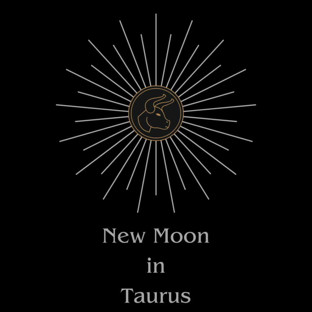 A graphic on a black background. Gold line art of a bull's head in the center is surrounded by silver rays. Below this, is the text, in silver: "New Moon in Taurus"